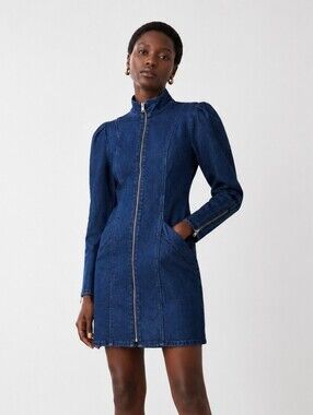 & Other Stories Puff Sleeves Zipper Mini Denim Dress Size 2